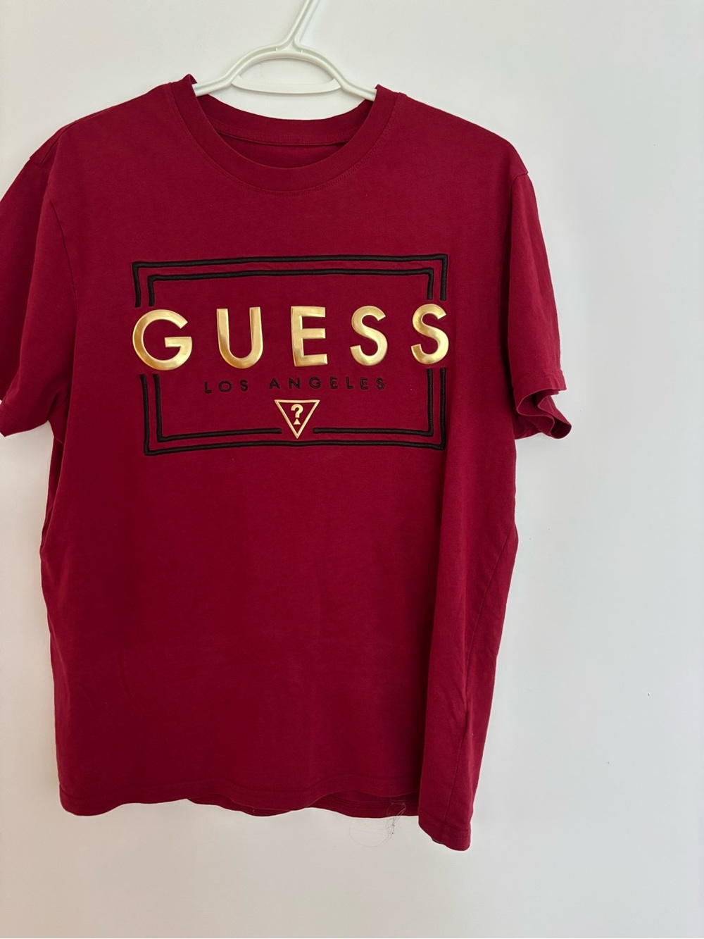 Guess Men's Wine Red Short Sleeve Tee with Gold Logo
